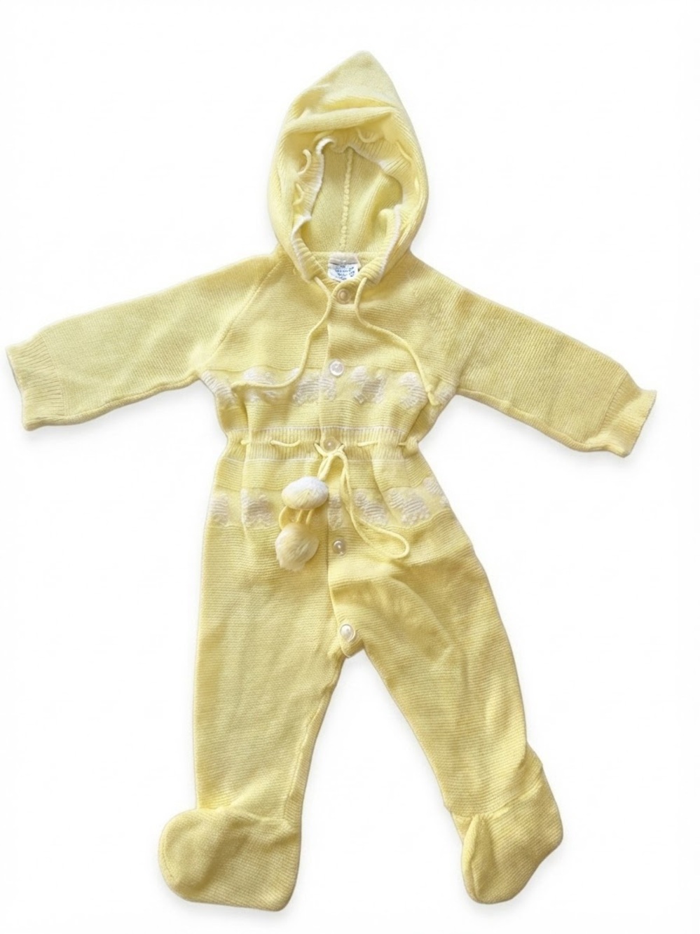 Vintage Blue Bird Yellow Knit Footed Romper Hood Pom Pom Baby Jumpsuit